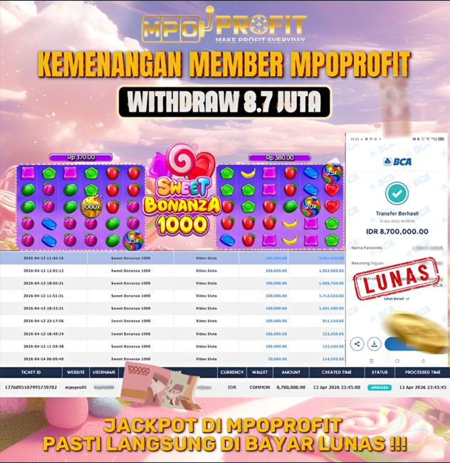 MPOPROFIT JACKPOT SLOT PRAGMATIC PLAY! KEMENANGAN MURNI DI (SWEET BONANZA 1000 TOTAL RP 8.700.000,- LUNAS)